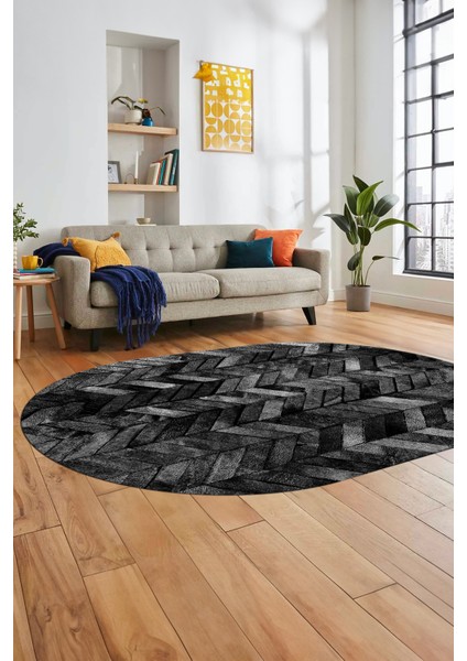 Baskılı Kaymaz Taban Yıkanabilir Patchwork Desen Oval Yolluk Salon Halısı, O-Patchwork-13-Antrasit,
