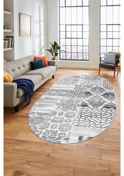 Baskılı Kaymaz Taban Yıkanabilir Patchwork Desen Oval Yolluk Salon Halısı, O-Patchwork-02-Gri,
