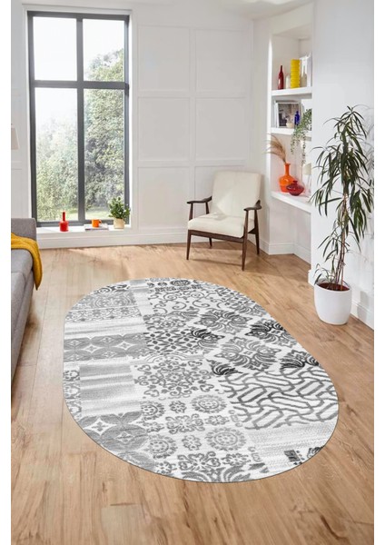 Baskılı Kaymaz Taban Yıkanabilir Patchwork Desen Oval Yolluk Salon Halısı, O-Patchwork-02-Gri, modelleri