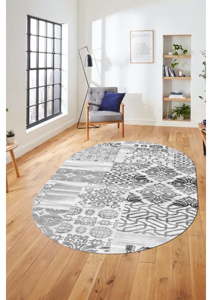 Baskılı Kaymaz Taban Yıkanabilir Patchwork Desen Oval Yolluk Salon Halısı, O-Patchwork-02-Gri, indirimleri