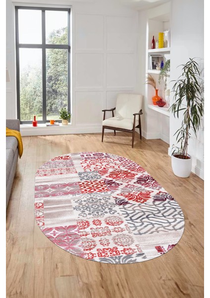 Baskılı Kaymaz Taban Yıkanabilir Patchwork Desen Oval Yolluk Salon Halısı, O-Patchwork-02-Kırmızı, modelleri