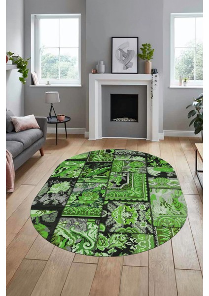 Baskılı Kaymaz Taban Yıkanabilir Patchwork Desen Oval Yolluk Salon Halısı, O-Patchwork-12-Yeşil, fiyatları