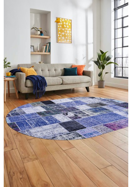 Baskılı Kaymaz Taban Yıkanabilir Patchwork Desen Oval Yolluk Salon Halısı, O-Patchwork-03-Mavi,