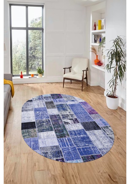 Baskılı Kaymaz Taban Yıkanabilir Patchwork Desen Oval Yolluk Salon Halısı, O-Patchwork-03-Mavi,