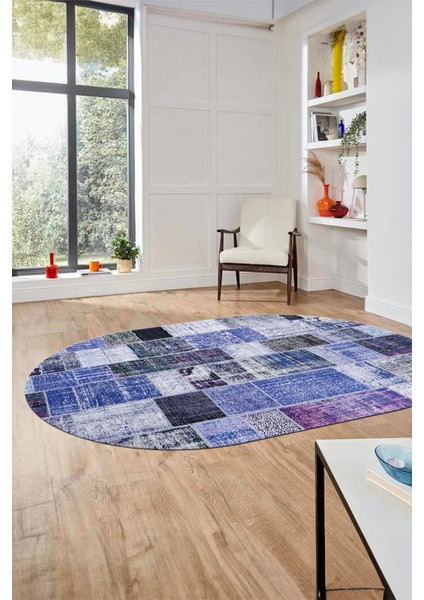 Baskılı Kaymaz Taban Yıkanabilir Patchwork Desen Oval Yolluk Salon Halısı, O-Patchwork-03-Mavi,