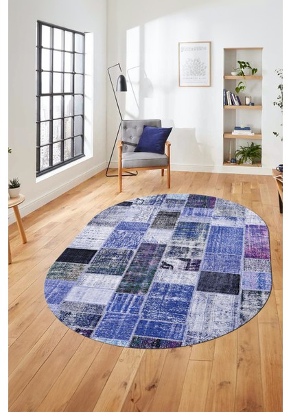 Baskılı Kaymaz Taban Yıkanabilir Patchwork Desen Oval Yolluk Salon Halısı, O-Patchwork-03-Mavi,