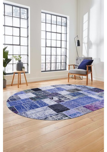 Baskılı Kaymaz Taban Yıkanabilir Patchwork Desen Oval Yolluk Salon Halısı, O-Patchwork-03-Mavi,