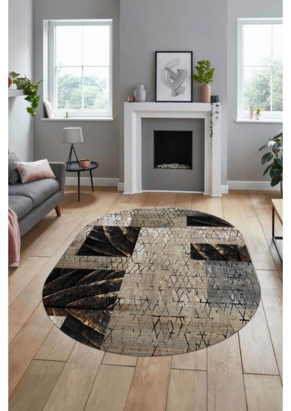 Baskılı Kaymaz Taban Yıkanabilir Patchwork Desen Oval Yolluk Salon Halısı, O-Patchwork-05-Vizon, indirimleri