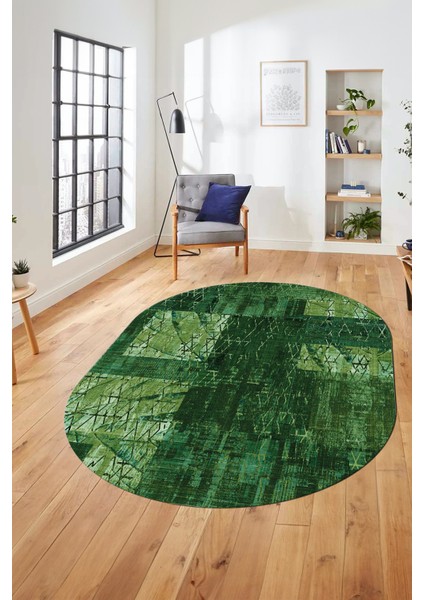 Baskılı Kaymaz Taban Yıkanabilir Patchwork Desen Oval Yolluk Salon Halısı, O-Patchwork-05-Yeşil,