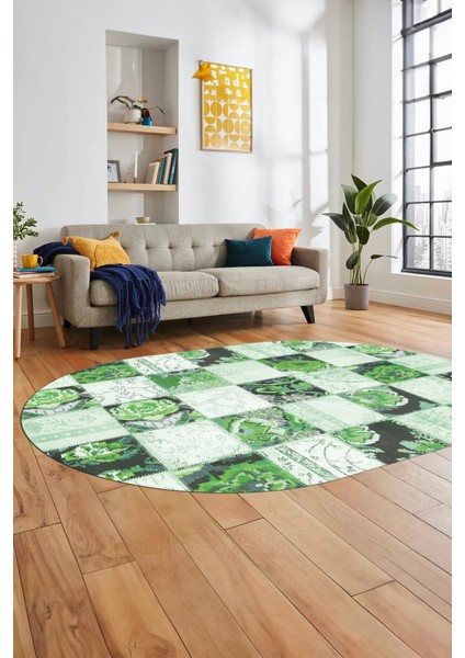 Baskılı Kaymaz Taban Yıkanabilir Patchwork Desen Oval Yolluk Salon Halısı, O-Patchwork-19-Yeşil,