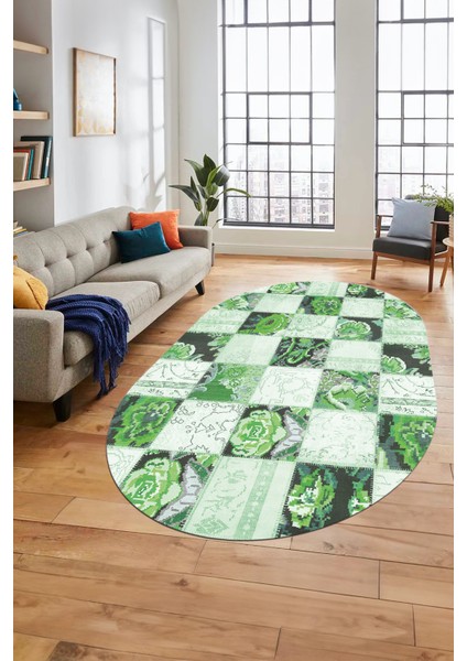 Baskılı Kaymaz Taban Yıkanabilir Patchwork Desen Oval Yolluk Salon Halısı, O-Patchwork-19-Yeşil,