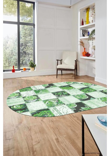 Baskılı Kaymaz Taban Yıkanabilir Patchwork Desen Oval Yolluk Salon Halısı, O-Patchwork-19-Yeşil, fırsatları
