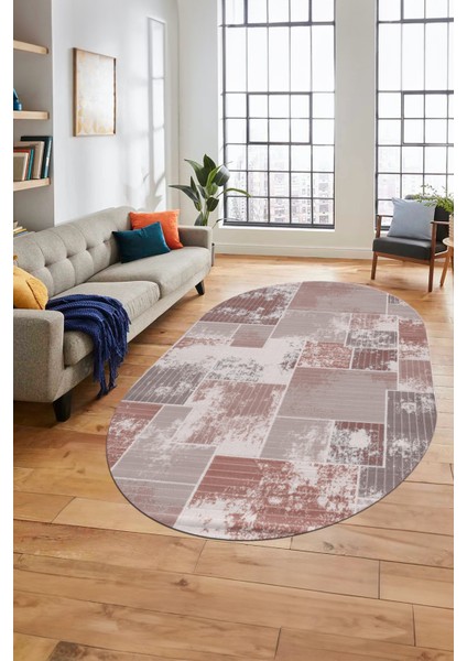 Baskılı Kaymaz Taban Yıkanabilir Patchwork Desen Oval Yolluk Salon Halısı, O-Patchwork-20-Kahve,
