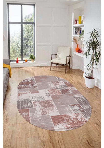 Baskılı Kaymaz Taban Yıkanabilir Patchwork Desen Oval Yolluk Salon Halısı, O-Patchwork-20-Kahve, modelleri