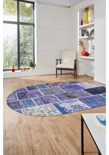 Baskılı Kaymaz Taban Yıkanabilir Patchwork Desen Oval Yolluk Salon Halısı, O-Patchwork-04-Mavi, modelleri