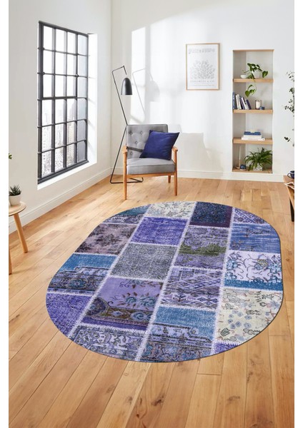 Baskılı Kaymaz Taban Yıkanabilir Patchwork Desen Oval Yolluk Salon Halısı, O-Patchwork-04-Mavi, fırsatları