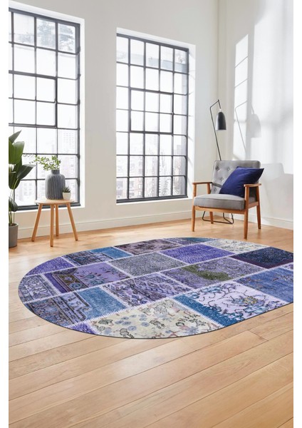 Baskılı Kaymaz Taban Yıkanabilir Patchwork Desen Oval Yolluk Salon Halısı, O-Patchwork-04-Mavi, indirimleri