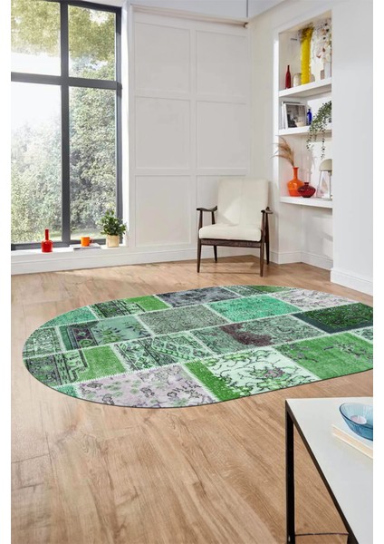 Baskılı Kaymaz Taban Yıkanabilir Patchwork Desen Oval Yolluk Salon Halısı, O-Patchwork-04-Yeşil,