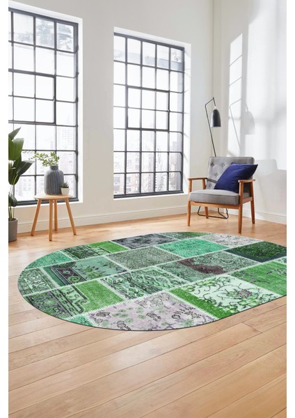 Baskılı Kaymaz Taban Yıkanabilir Patchwork Desen Oval Yolluk Salon Halısı, O-Patchwork-04-Yeşil,