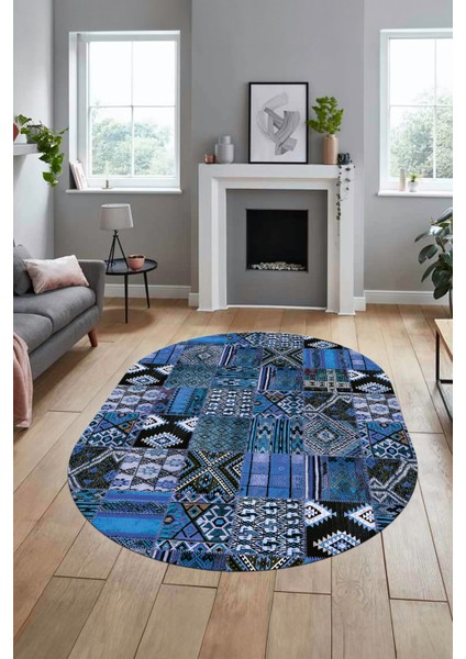 Baskılı Kaymaz Taban Yıkanabilir Patchwork Desen Oval Yolluk Salon Halısı, O-Patchwork-06-Mavi, indirimleri