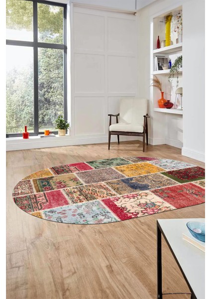 Baskılı Kaymaz Taban Yıkanabilir Patchwork Desen Oval Yolluk Salon Halısı, O-Patchwork-04-Renkli, modelleri