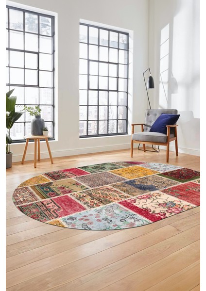 Baskılı Kaymaz Taban Yıkanabilir Patchwork Desen Oval Yolluk Salon Halısı, O-Patchwork-04-Renkli, indirimleri