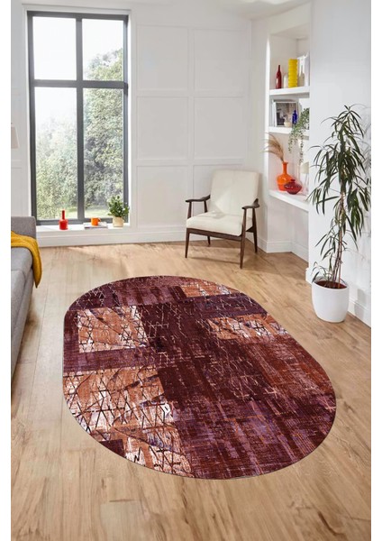 Baskılı Kaymaz Taban Yıkanabilir Patchwork Desen Oval Yolluk Salon Halısı, O-Patchwork-05-Kırmızı,