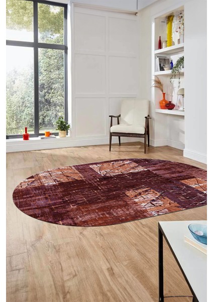 Baskılı Kaymaz Taban Yıkanabilir Patchwork Desen Oval Yolluk Salon Halısı, O-Patchwork-05-Kırmızı,