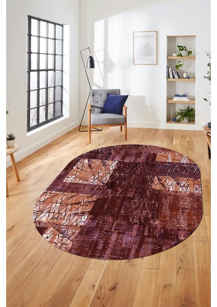 Baskılı Kaymaz Taban Yıkanabilir Patchwork Desen Oval Yolluk Salon Halısı, O-Patchwork-05-Kırmızı,