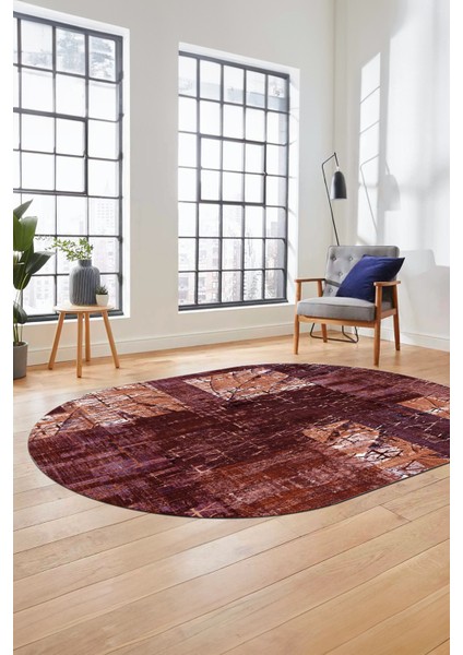 Baskılı Kaymaz Taban Yıkanabilir Patchwork Desen Oval Yolluk Salon Halısı, O-Patchwork-05-Kırmızı,