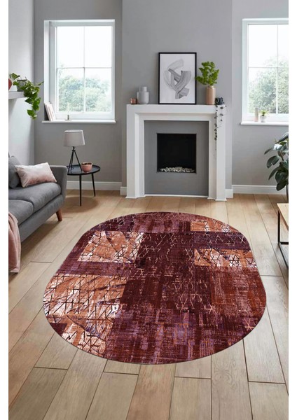 Baskılı Kaymaz Taban Yıkanabilir Patchwork Desen Oval Yolluk Salon Halısı, O-Patchwork-05-Kırmızı,