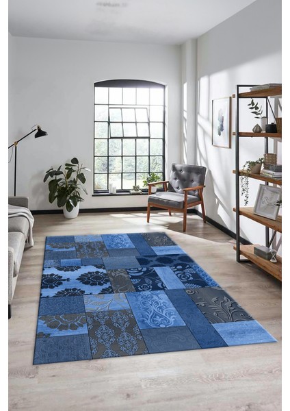 Dijital Kaymaz Taban Yıkanabilir Patchwork Desen Yolluk Mutfak Salon Halısı, Patchwork-16-Mavi,