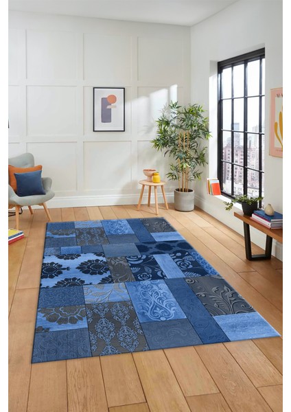 Dijital Kaymaz Taban Yıkanabilir Patchwork Desen Yolluk Mutfak Salon Halısı, Patchwork-16-Mavi,