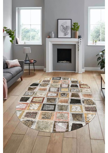 Baskılı Kaymaz Taban Yıkanabilir Patchwork Desen Oval Yolluk Salon Halısı, O-Patchwork-14-Kahve,