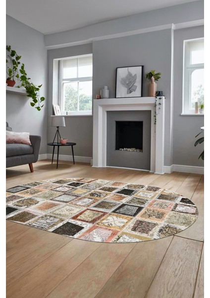 Baskılı Kaymaz Taban Yıkanabilir Patchwork Desen Oval Yolluk Salon Halısı, O-Patchwork-14-Kahve,