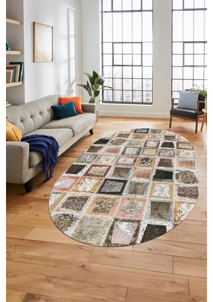 Baskılı Kaymaz Taban Yıkanabilir Patchwork Desen Oval Yolluk Salon Halısı, O-Patchwork-14-Kahve,
