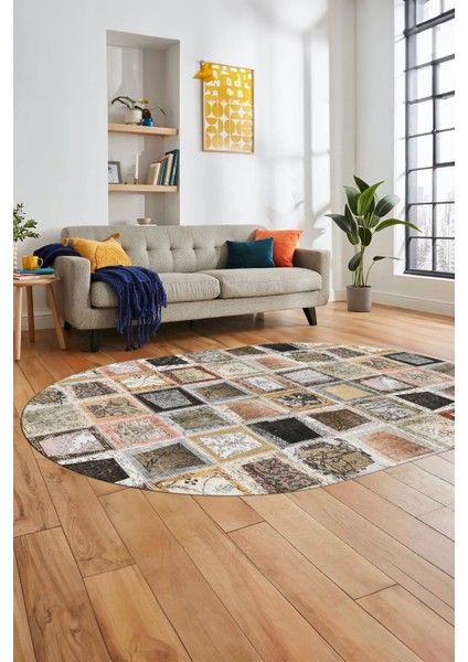 Baskılı Kaymaz Taban Yıkanabilir Patchwork Desen Oval Yolluk Salon Halısı, O-Patchwork-14-Kahve,