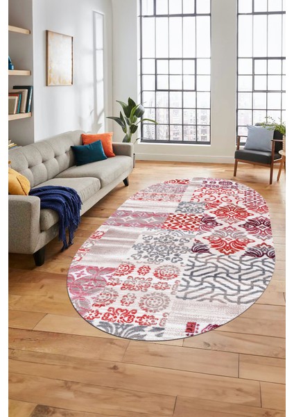 Baskılı Kaymaz Taban Yıkanabilir Patchwork Desen Oval Yolluk Salon Halısı, O-Patchwork-02-Kırmızı,