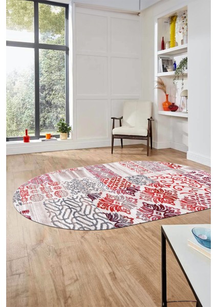 Baskılı Kaymaz Taban Yıkanabilir Patchwork Desen Oval Yolluk Salon Halısı, O-Patchwork-02-Kırmızı, fırsatları