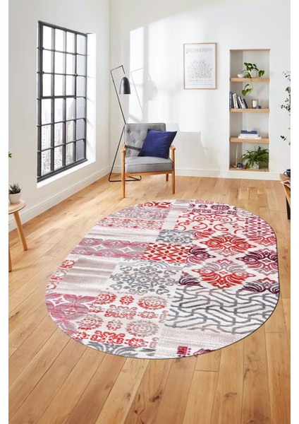 Baskılı Kaymaz Taban Yıkanabilir Patchwork Desen Oval Yolluk Salon Halısı, O-Patchwork-02-Kırmızı, indirimleri
