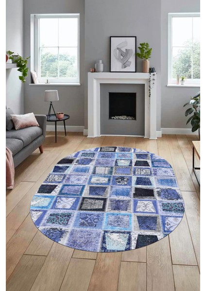 Baskılı Kaymaz Taban Yıkanabilir Patchwork Desen Oval Yolluk Salon Halısı, O-Patchwork-14-Mavi, fiyatları