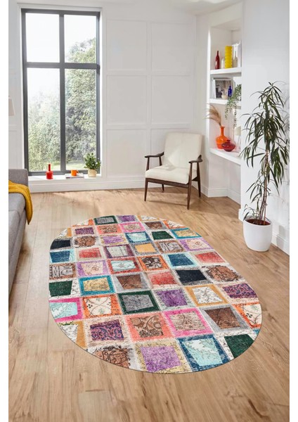 Baskılı Kaymaz Taban Yıkanabilir Patchwork Desen Oval Yolluk Salon Halısı, O-Patchwork-14-Renkli, indirimleri