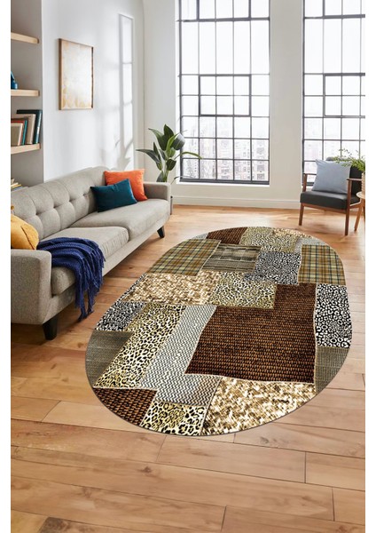 Baskılı Kaymaz Taban Yıkanabilir Patchwork Desen Oval Yolluk Salon Halısı, O-Patchwork-15-Kahve, modelleri