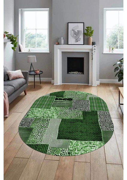 Baskılı Kaymaz Taban Yıkanabilir Patchwork Desen Oval Yolluk Salon Halısı, O-Patchwork-15-Yeşil,
