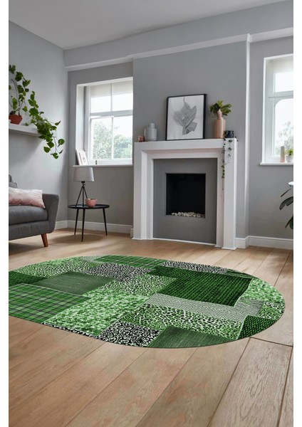 Baskılı Kaymaz Taban Yıkanabilir Patchwork Desen Oval Yolluk Salon Halısı, O-Patchwork-15-Yeşil,