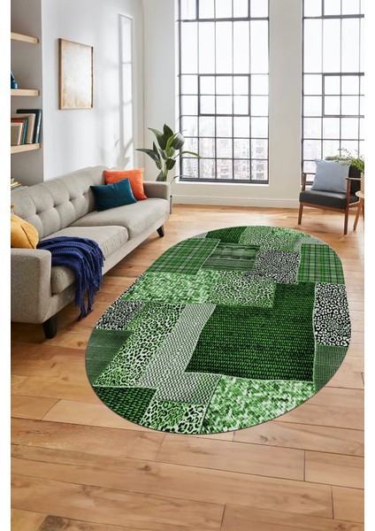 Baskılı Kaymaz Taban Yıkanabilir Patchwork Desen Oval Yolluk Salon Halısı, O-Patchwork-15-Yeşil,