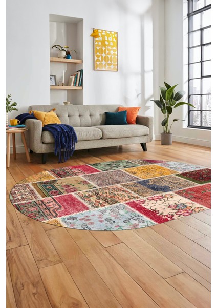 Baskılı Kaymaz Taban Yıkanabilir Patchwork Desen Oval Yolluk Salon Halısı, O-Patchwork-04-Renkli,