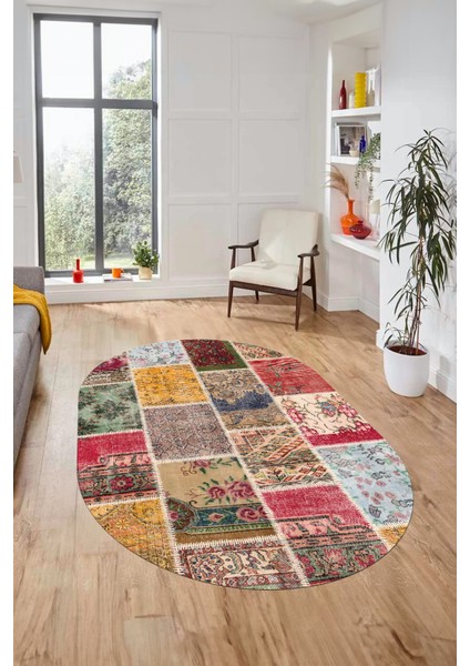 Baskılı Kaymaz Taban Yıkanabilir Patchwork Desen Oval Yolluk Salon Halısı, O-Patchwork-04-Renkli,