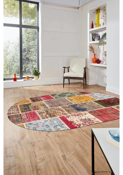 Baskılı Kaymaz Taban Yıkanabilir Patchwork Desen Oval Yolluk Salon Halısı, O-Patchwork-04-Renkli,