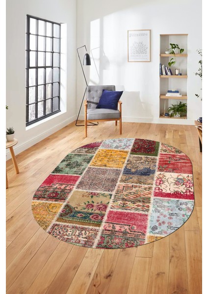 Baskılı Kaymaz Taban Yıkanabilir Patchwork Desen Oval Yolluk Salon Halısı, O-Patchwork-04-Renkli,